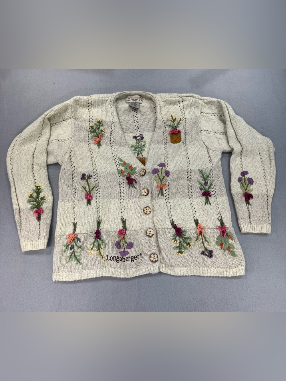 Vintage Longaberger Homestead Cream Cotton Embroidered Floral Whimsical Cardigan